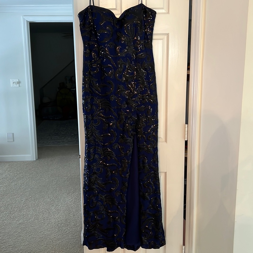 Midnight blue and black sequins strapless gown